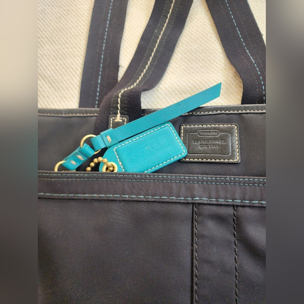 COACH Black Teal Nylon Hand Bag Purse Short Handle Zippered Bag EUC - Picture 5 of 9